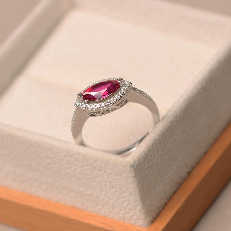 1.50 CT Marquise Cut Pink Ruby 925 Sterling Silver Halo Anniversary Gift Ring For Her