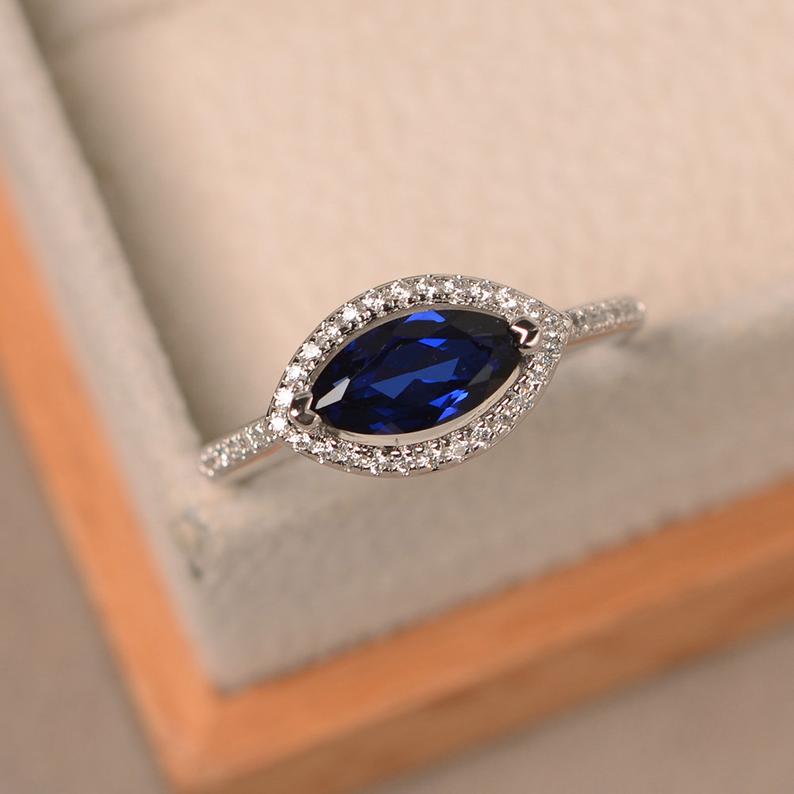1.50 Ct Marquise Cut Blue Sapphire Halo Engagement Ring In 925 Sterling Silver - atjewels.in
