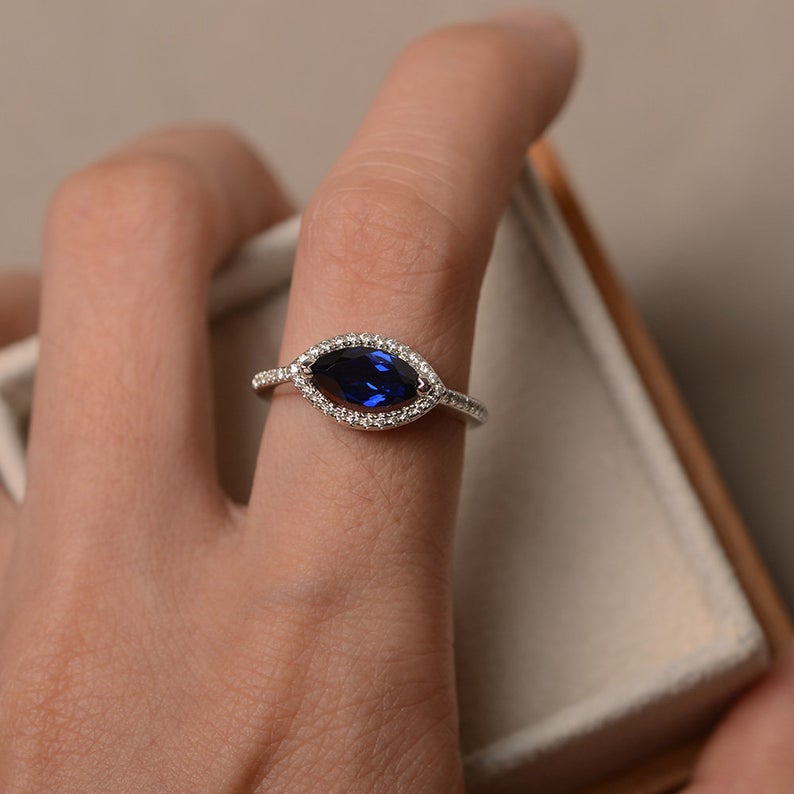 1.50 Ct Marquise Cut Blue Sapphire Halo Engagement Ring In 925 Sterling Silver - atjewels.in