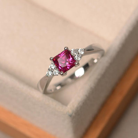 1.20 Ct Princess Cut Pink Ruby 925 Sterling Silver Solitaire W/Accents Promise Ring