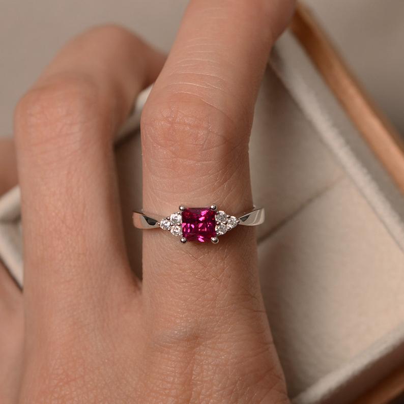 1.20 Ct Princess Cut Pink Ruby 925 Sterling Silver Solitaire W/Accents Promise Ring