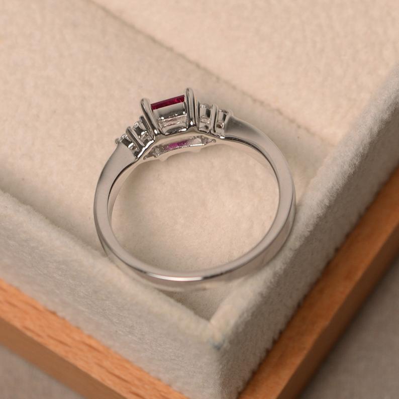 1.20 Ct Princess Cut Pink Ruby 925 Sterling Silver Solitaire W/Accents Promise Ring