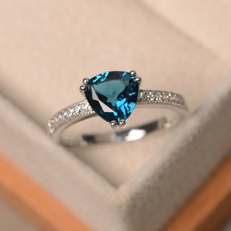2.10 Ct Trillion Cut London Blue Topaz 925 Sterling Silver Solitaire W/Accents Engagement Ring