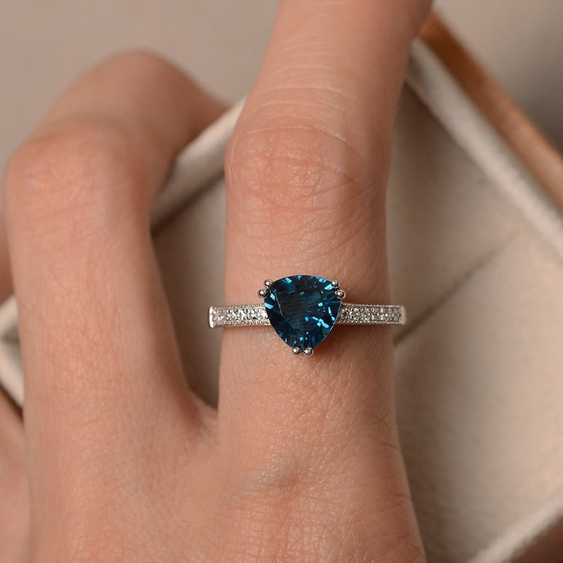 2.10 Ct Trillion Cut London Blue Topaz 925 Sterling Silver Solitaire W/Accents Engagement Ring