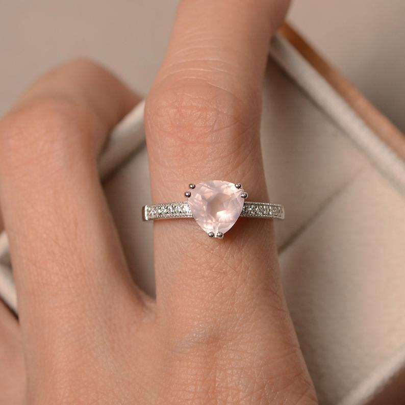 2.00 Ct Trillion Cut Pink Quartz 925 Sterling Silver Solitaire W/Accents Engagement Ring