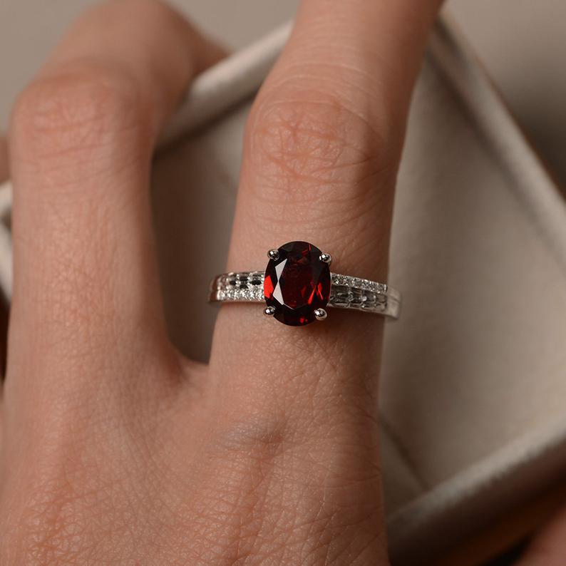1.20 Ct Oval Cut Red Garnet 925 Sterling Silver Solitaire W/Accents Anniversary Gift Ring