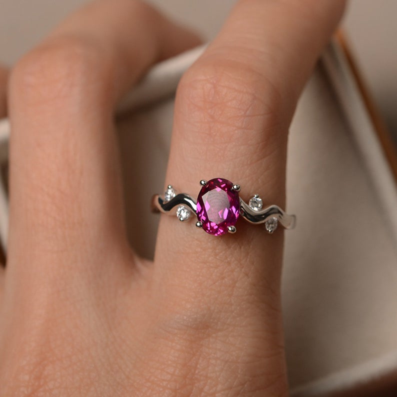 1.75 Ct Oval Cut Pink Ruby 925 Sterling Silver Solitaire Wave Shank Anniversary Gift Ring