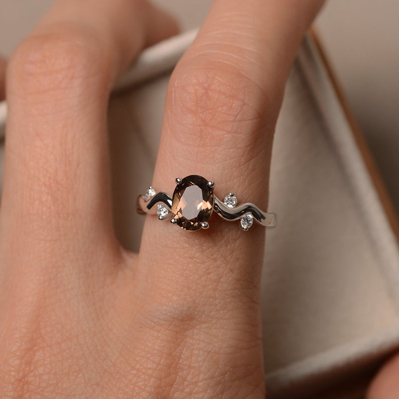 1.50 CT Oval Cut Smoky Quartz 925 Sterling Silver Wave Shank Gorgeous Engagement Ring - atjewels.in