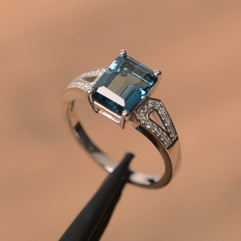 2.00 Ct Emerald Cut London Blue Topaz 925 Sterling Silver Solitaire W/Accents Engagement ring