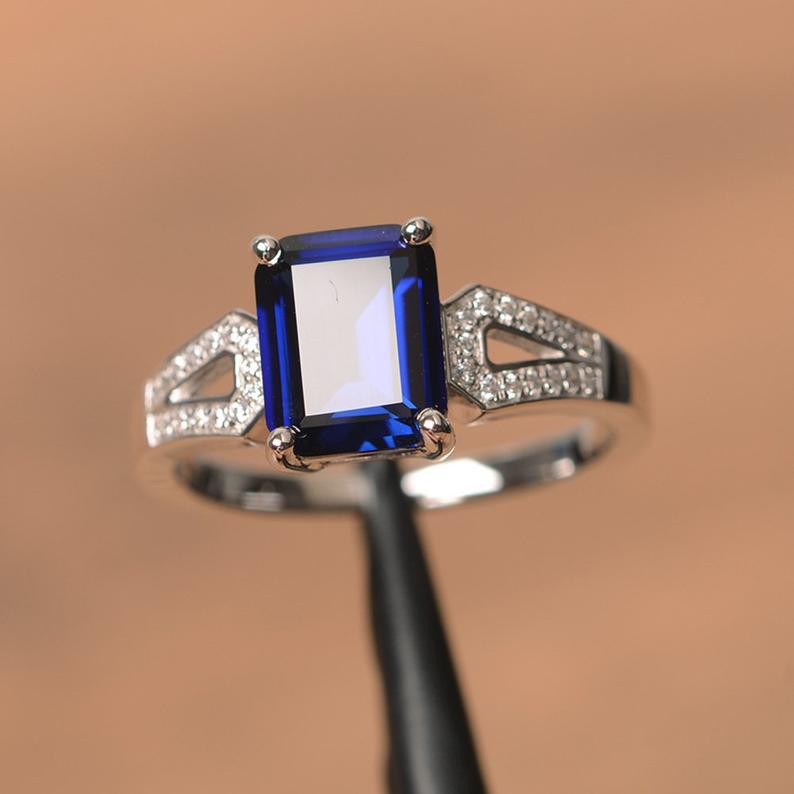 2.25 Ct Emerald Cut Blue Sapphire 925 Sterling Silver Solitaire W/Accents Engagement Ring
