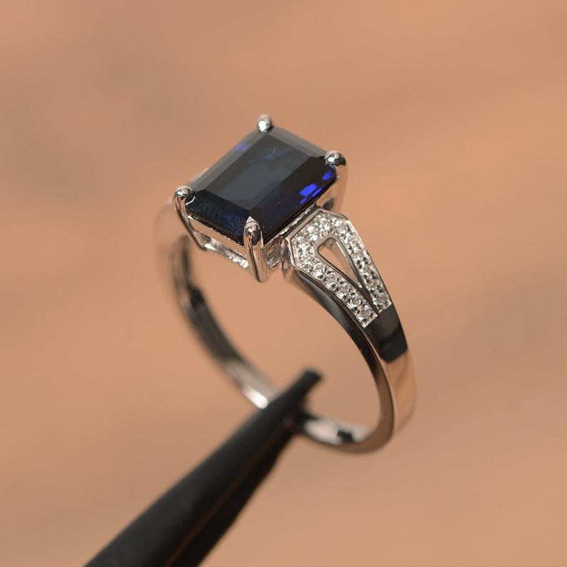 2.25 Ct Emerald Cut Blue Sapphire 925 Sterling Silver Solitaire W/Accents Engagement Ring