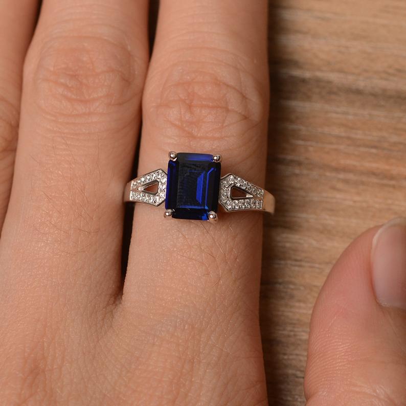 2.25 Ct Emerald Cut Blue Sapphire 925 Sterling Silver Solitaire W/Accents Engagement Ring