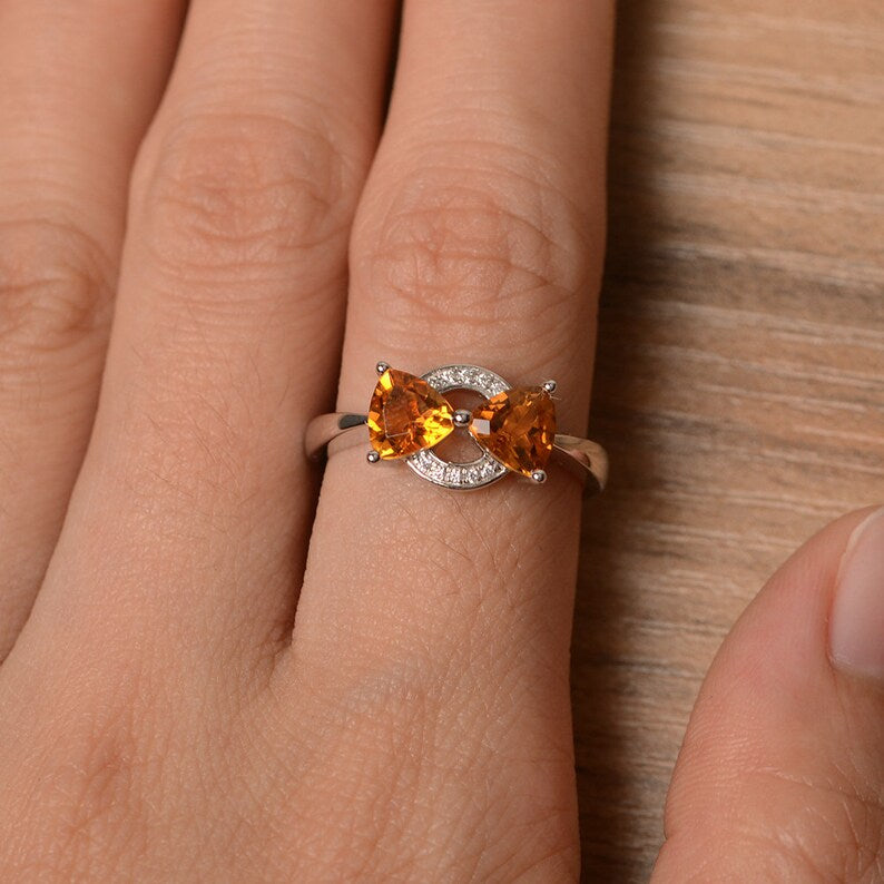 1.75 Ct Trillion Cut Yellow Citrine 925 Sterling Silver Unique Bow Style Promise Gift Ring