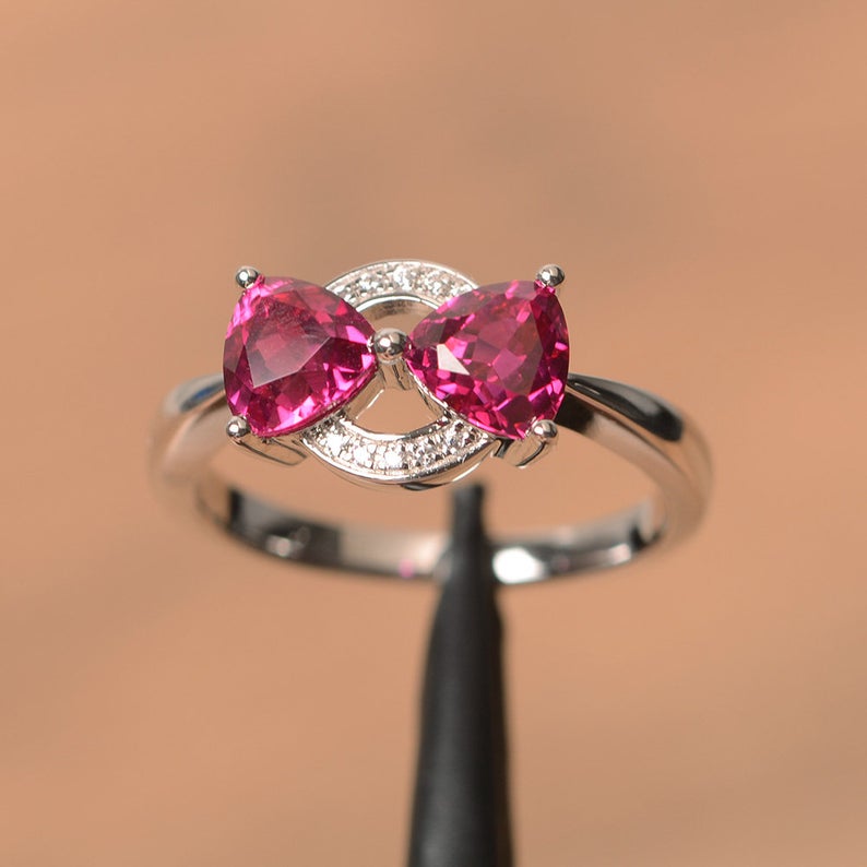 1.75 Ct Trillion Cut Red Ruby 925 Sterling Silver Pretty Bow Style Promise Gift Ring For Her