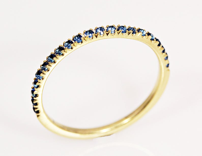 0.25 CT Blue Sapphire Diamond Yellow Gold Over On 925 Sterling Silver Half Eternity Wedding Band Ring