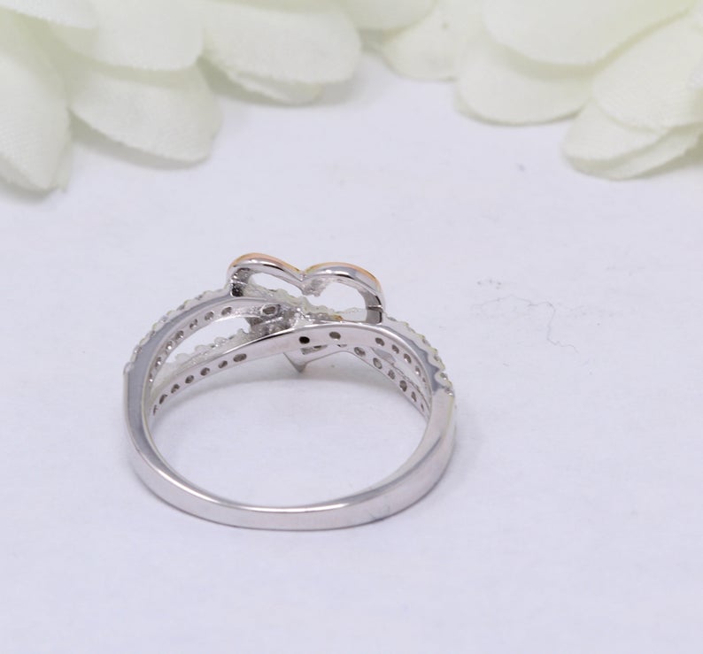 1.50 Ct Round Cut Diamond Two Tone 925 Sterling Silver Crisscross Crossover Promise Heart Ring