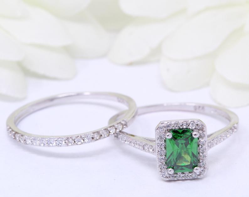 1 CT Emerald Cut Green Emerald Diamond 925 Sterling Silver Halo Wedding Bridal Ring Set