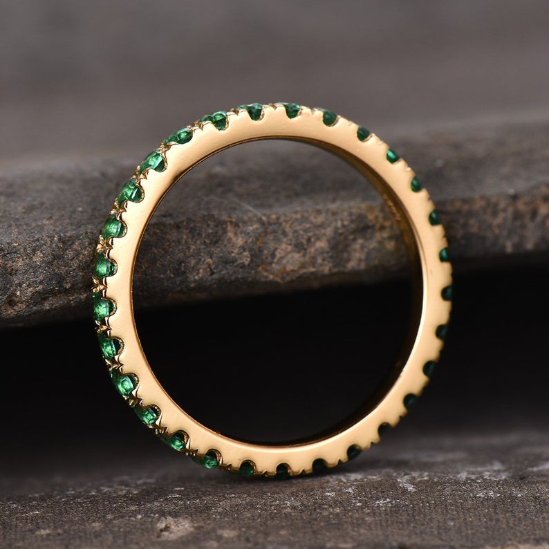 0.25 CT Round Cut Green Emerald Yellow Gold Over On 925 Sterling Silver Full Eternity Promise Ring