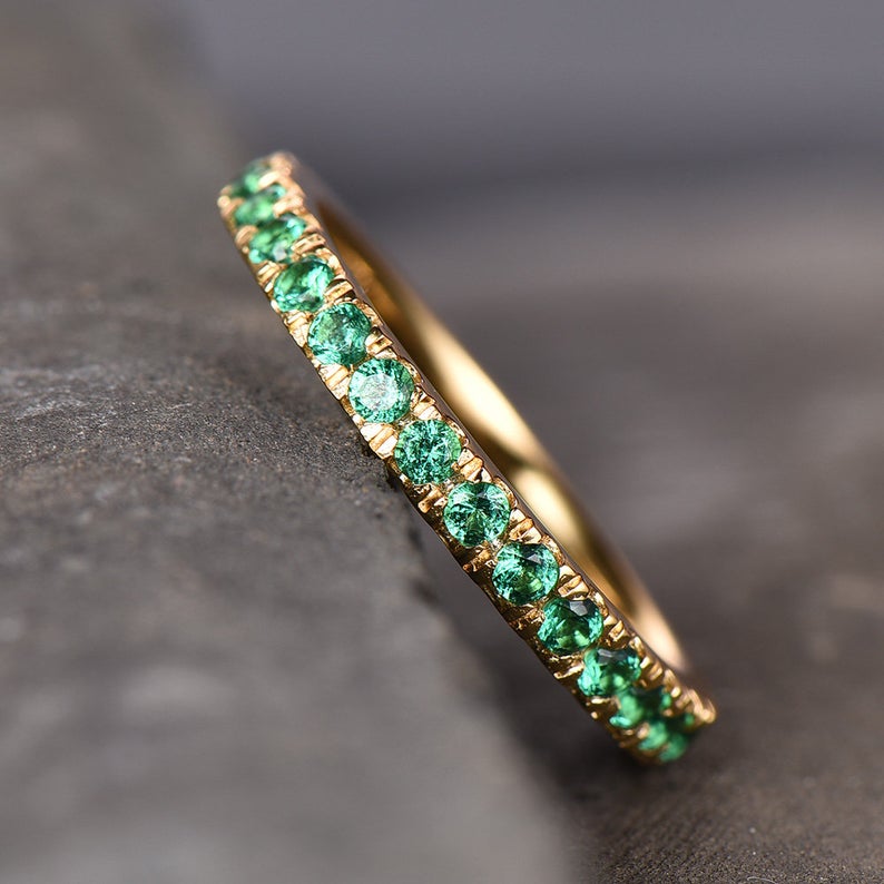 0.25 CT Round Cut Green Emerald Yellow Gold Over On 925 Sterling Silver Full Eternity Promise Ring