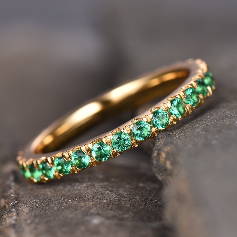 0.25 CT Round Cut Green Emerald Yellow Gold Over On 925 Sterling Silver Full Eternity Promise Ring