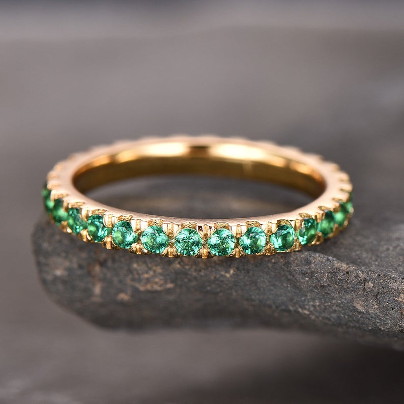 0.25 CT Round Cut Green Emerald Yellow Gold Over On 925 Sterling Silver Full Eternity Promise Ring
