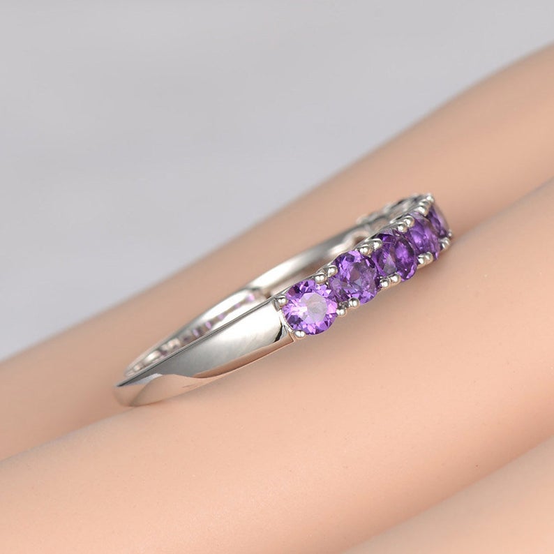 1 CT Round Cut Amethyst Diamond 925 Sterling Silver Half Eternity Wedding Band Ring