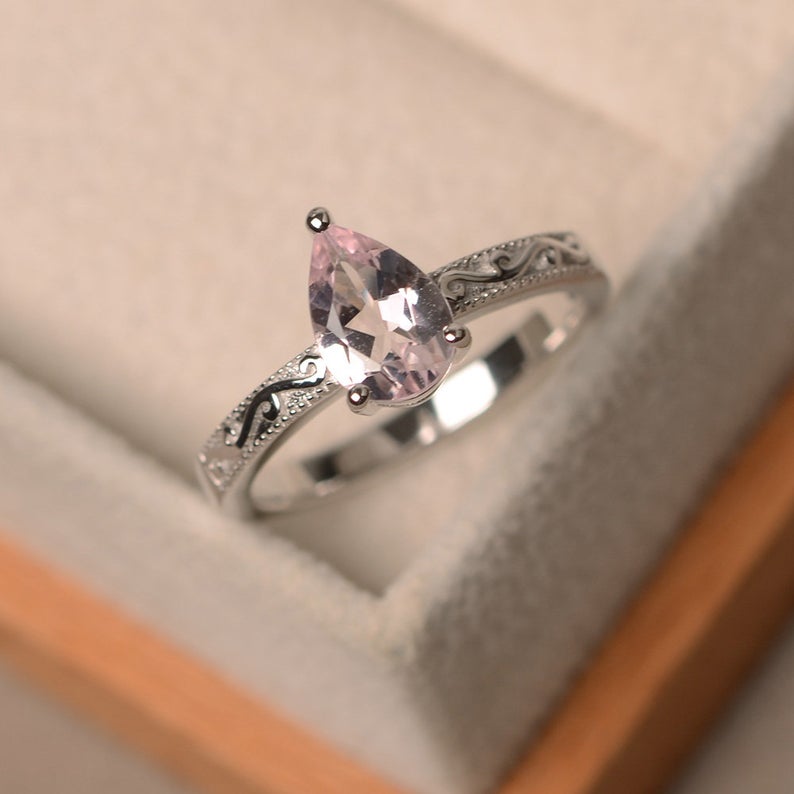 1.00 Ct Pear Cut Pink Morganite 925 Sterling Silver Solitaire Engagement Ring For Her