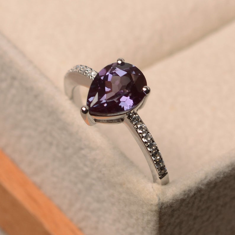 1.50 Ct Pear Cut Alexandrite 925 Sterling Silver Solitaire W/Accents Engagement Ring