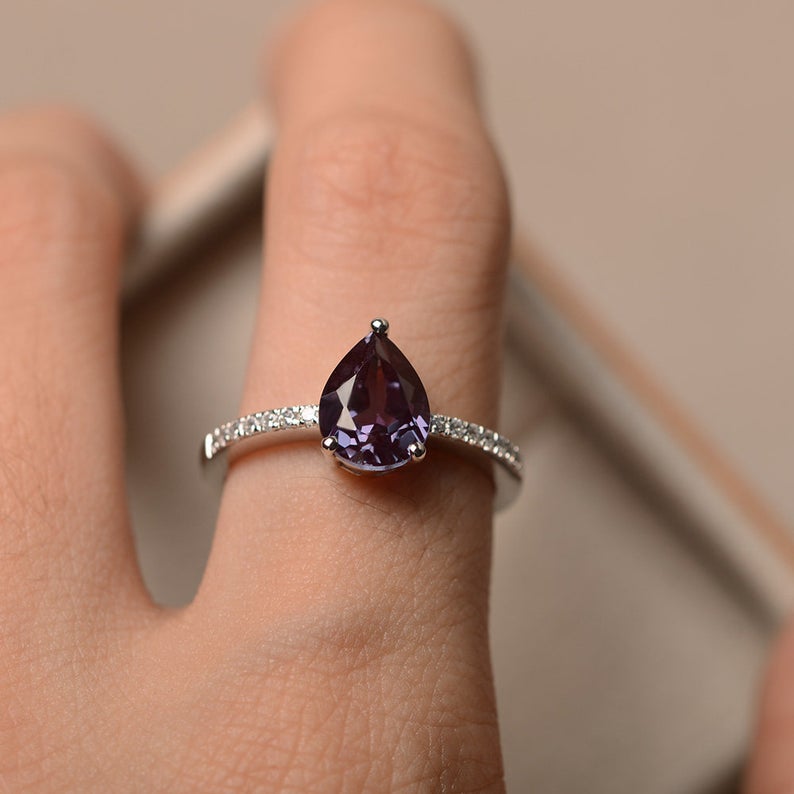 1.50 Ct Pear Cut Alexandrite 925 Sterling Silver Solitaire W/Accents Engagement Ring
