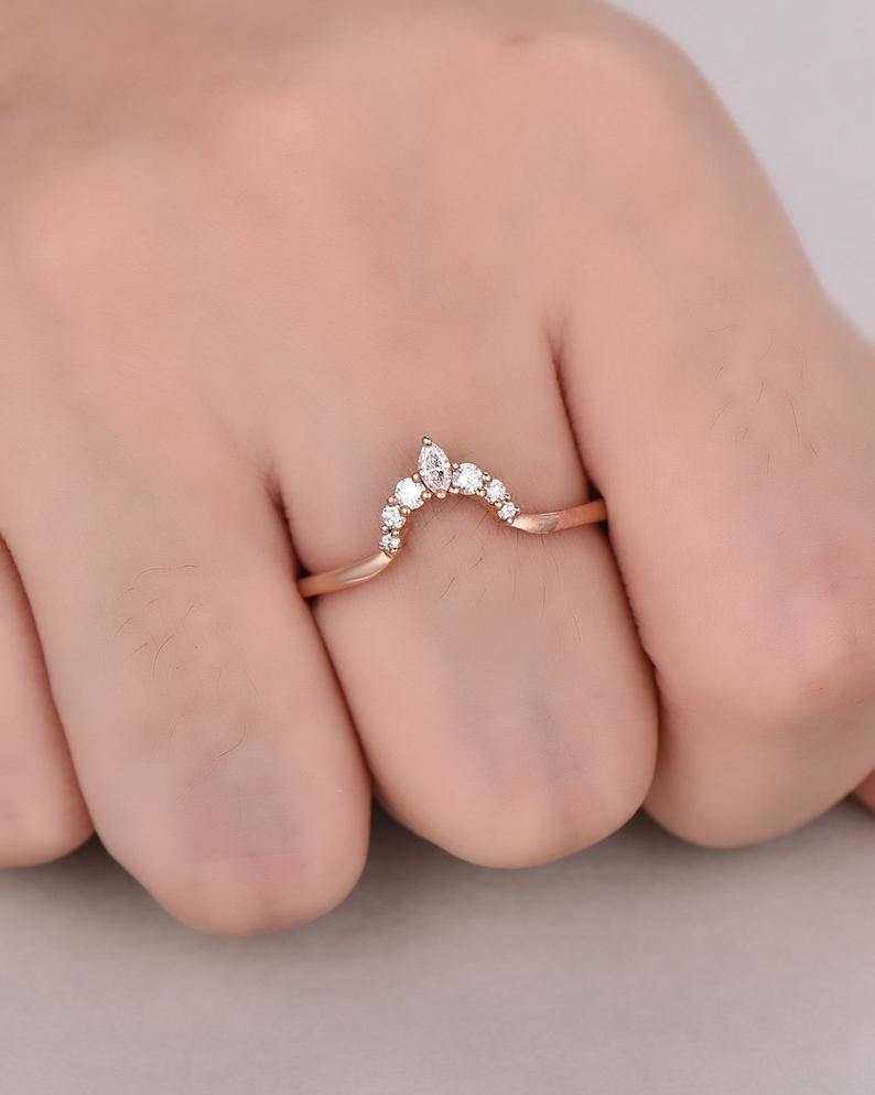 0.75 CT Marquise & Round Cut White CZ Rose Gold Over On 925 Sterling Silver Curved Wedding Band Ring