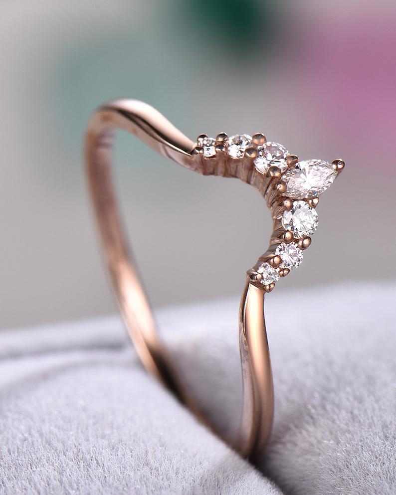 0.75 CT Marquise & Round Cut White CZ Rose Gold Over On 925 Sterling Silver Curved Wedding Band Ring