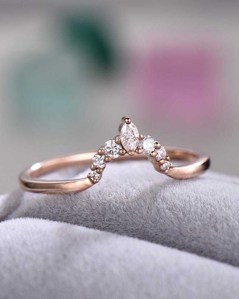 0.75 CT Marquise & Round Cut White CZ Rose Gold Over On 925 Sterling Silver Curved Wedding Band Ring