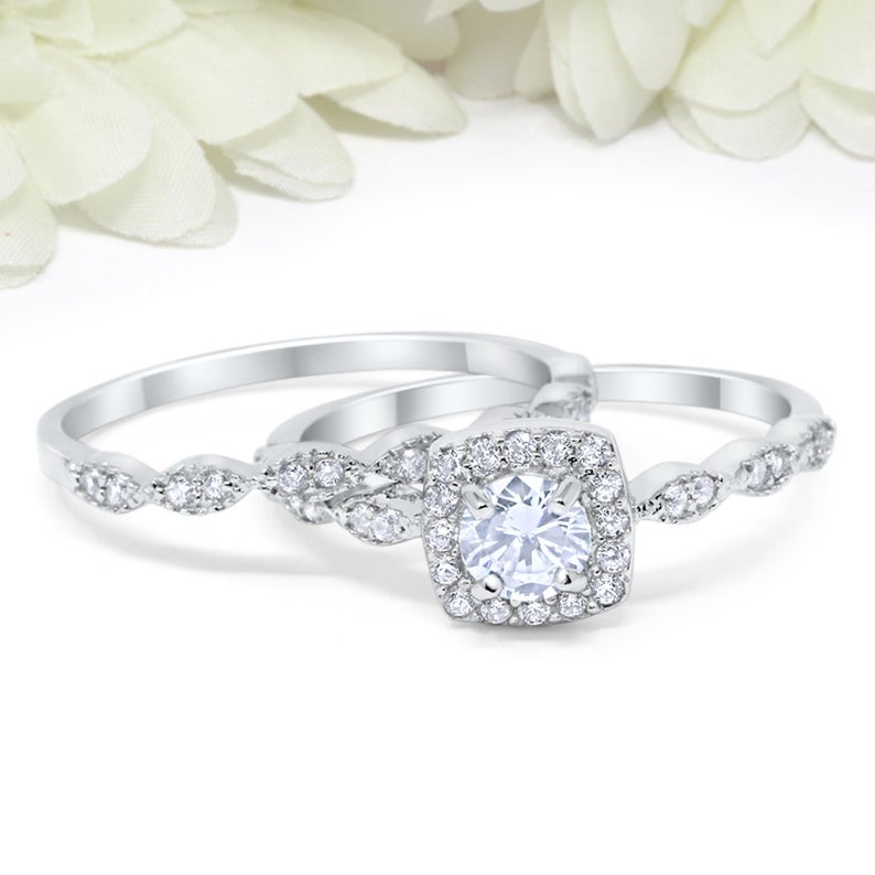 1 CT Round Cut Diamond 925 Sterling Silver Halo Engagement Bridal Set Ring