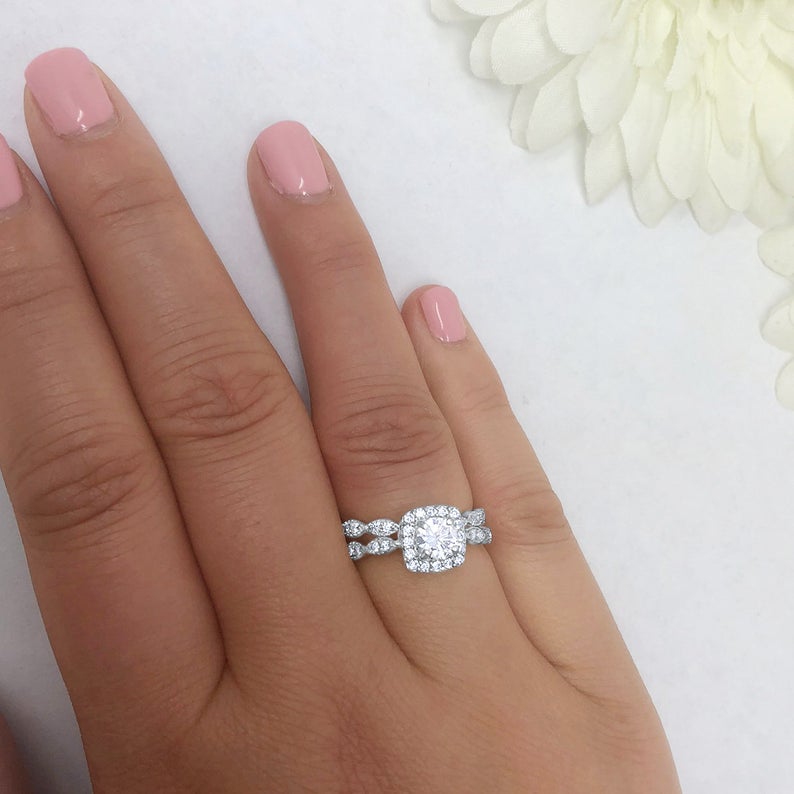 1 CT Round Cut Diamond 925 Sterling Silver Halo Engagement Bridal Set Ring