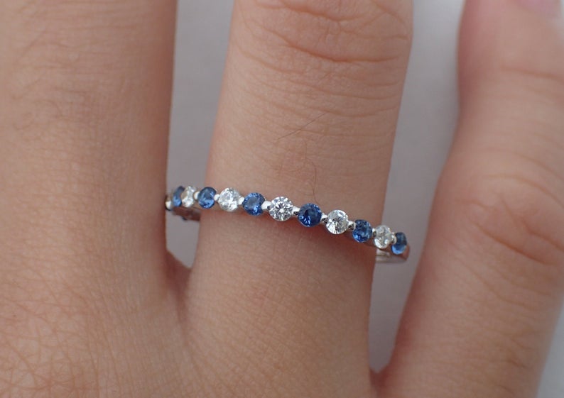 0.75 CT Round Cut Blue Sapphire Diamond 925 Sterling Silver Wedding Eternity Band Ring
