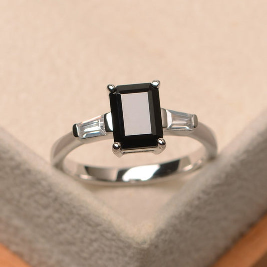 2.25 Ct Emerald Cut Black Diamond 925 Sterling Silver Three-Stone Anniversary Ring