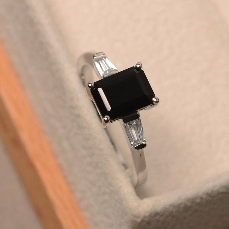 2.25 Ct Emerald Cut Black Diamond 925 Sterling Silver Three-Stone Anniversary Ring