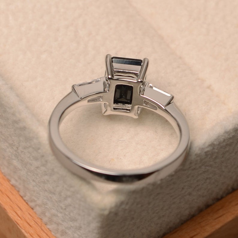 2.25 Ct Emerald Cut Black Diamond 925 Sterling Silver Three-Stone Anniversary Ring