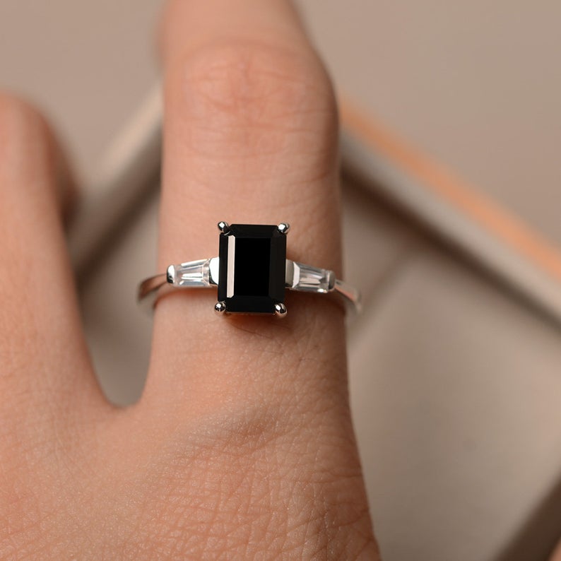 2.25 Ct Emerald Cut Black Diamond 925 Sterling Silver Three-Stone Anniversary Ring
