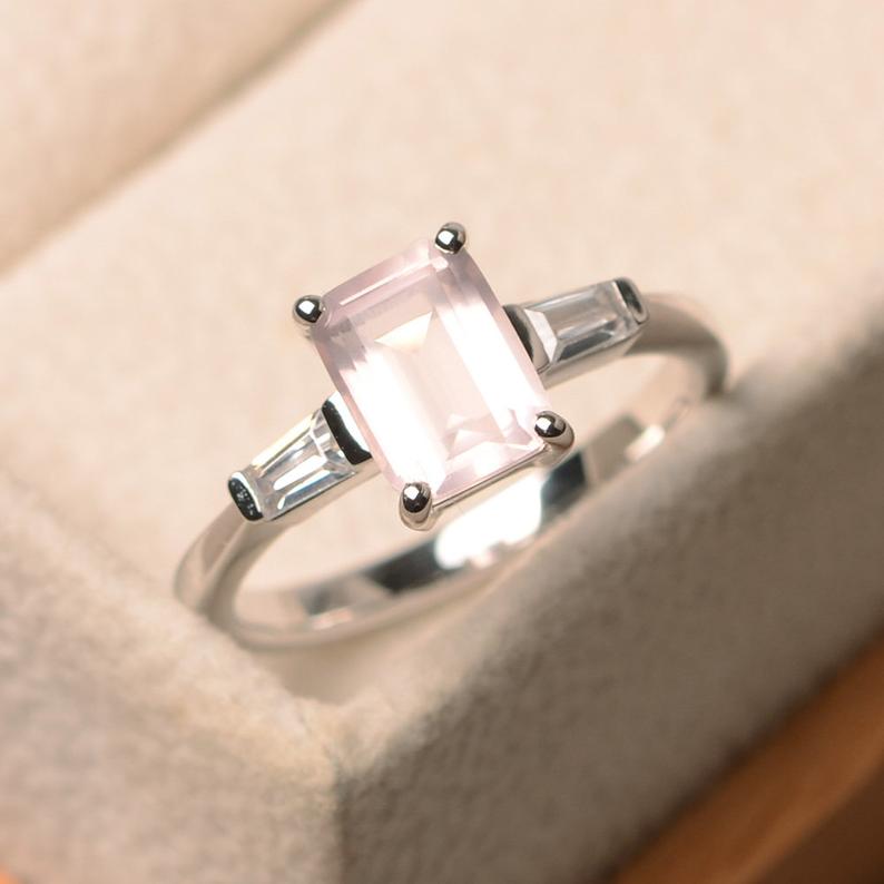 2.50 Ct Emerald Cut Rose Quartz Three-Stone Engagement Ring In 925 sterling Silver - atjewels.in