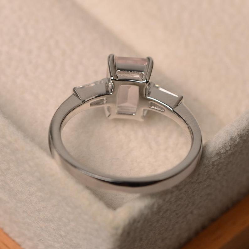 2.50 Ct Emerald Cut Rose Quartz Three-Stone Engagement Ring In 925 sterling Silver - atjewels.in