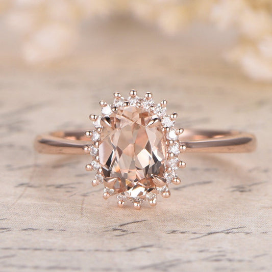1.50 Ct Oval Cut Peach Morganite Rose Gold Over On 925 Sterling Silver Halo Engagement Ring