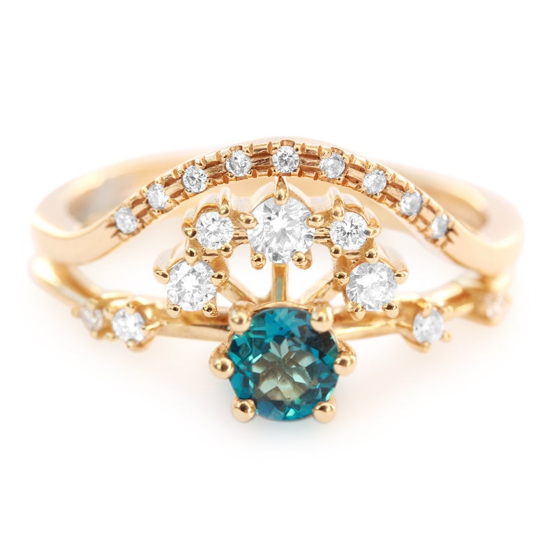 1 CT Round Cut Blue Topaz & Diamond 925 Sterling Silver Halo Unique November Birthstone Engagement Ring Set