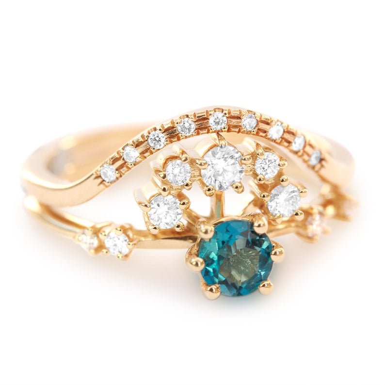 1 CT Round Cut Blue Topaz & Diamond 925 Sterling Silver Halo Unique November Birthstone Engagement Ring Set