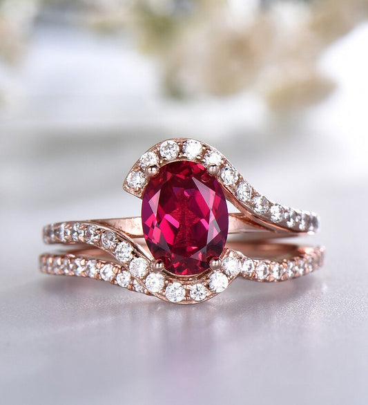 1 CT Oval Cut Red Ruby CZ Diamond Rose Gold Over On 925 Sterling Silver Curve Matching Band Bypass Wedding Band Ring