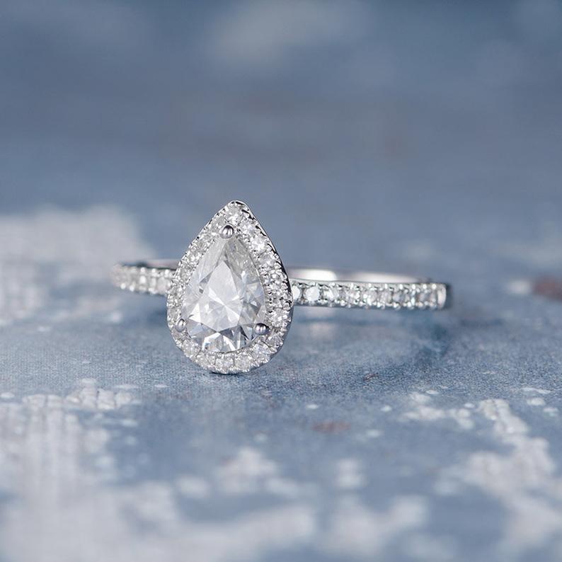 1 CT Pear Cut Diamond 925 Sterling Silver Halo Anniversary Ring