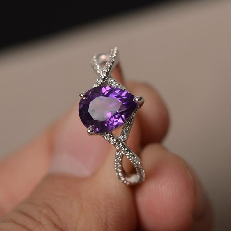 1.75 Ct Pear Cut Purple Amethyst Infinity Band Promise Ring In 925 Sterling Silver