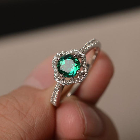 1 CT Round Cut 925 Sterling Silver Green Emerald Diamond Halo Engagement Ring