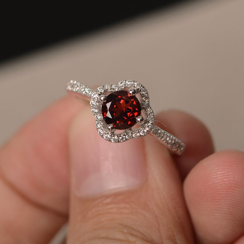 1 CT Round Cut 925 Sterling Silver Red Garnet Halo Promise Engagement Ring