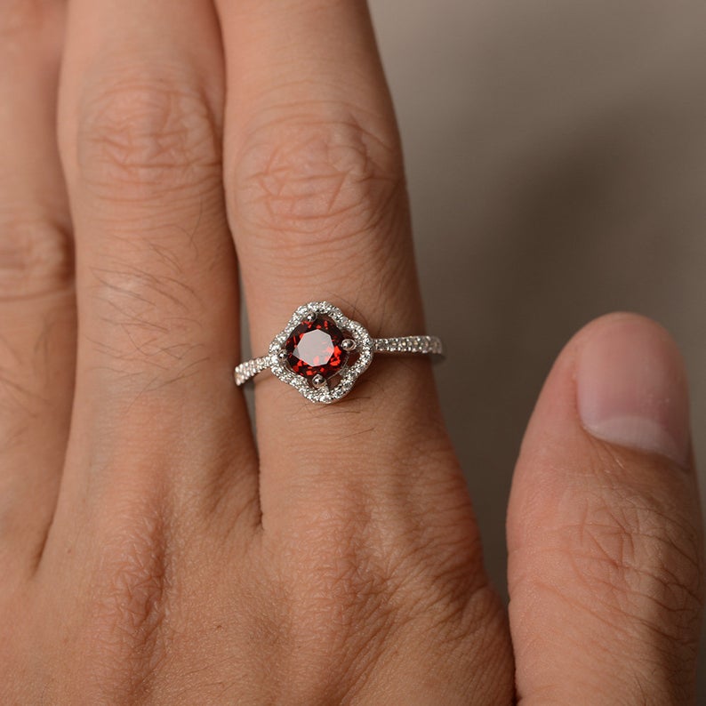 1 CT Round Cut 925 Sterling Silver Red Garnet Halo Promise Engagement Ring
